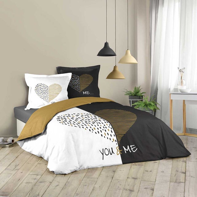 Parure De Couette Imprimée Coeur Or En N&b - Blanc Noir - 260 X 240 Cm - Coton