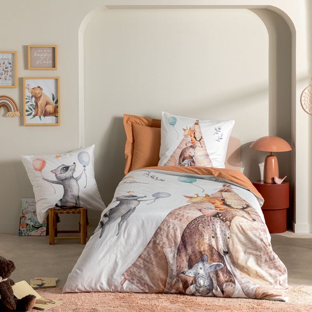 Housse de couette animaux de la fôret - Tabac - 140x200 cm - Percale de coton