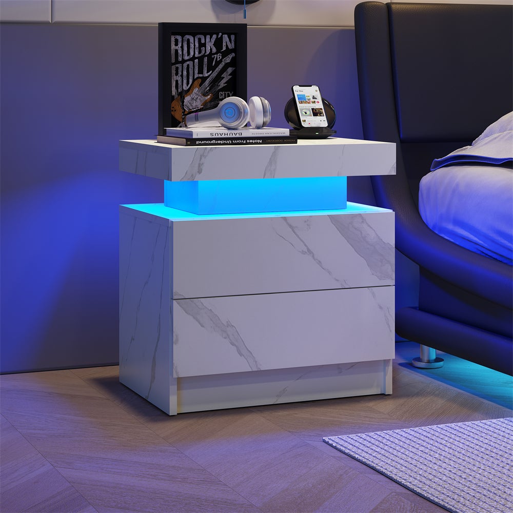Nowoczesna szafka nocna LED – 2 szuflady, regulowane oświetlenie RGB do sypialni i salonu