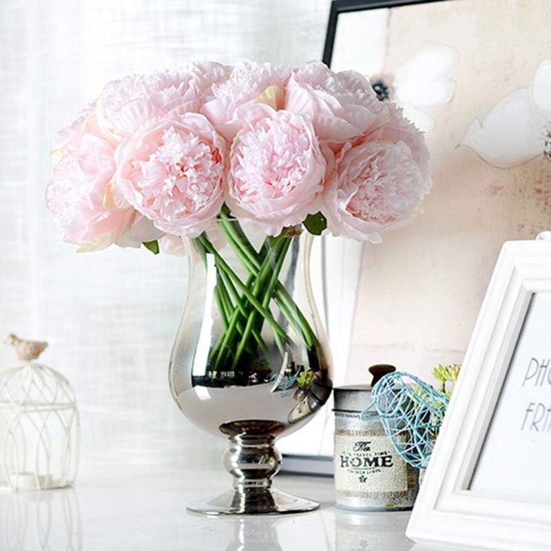 2 bouquets de pivoines artificielles, 10 têtes de pivoines en soie, fausses fleurs pour mariage, bureau à domicile (rose clair) - 2