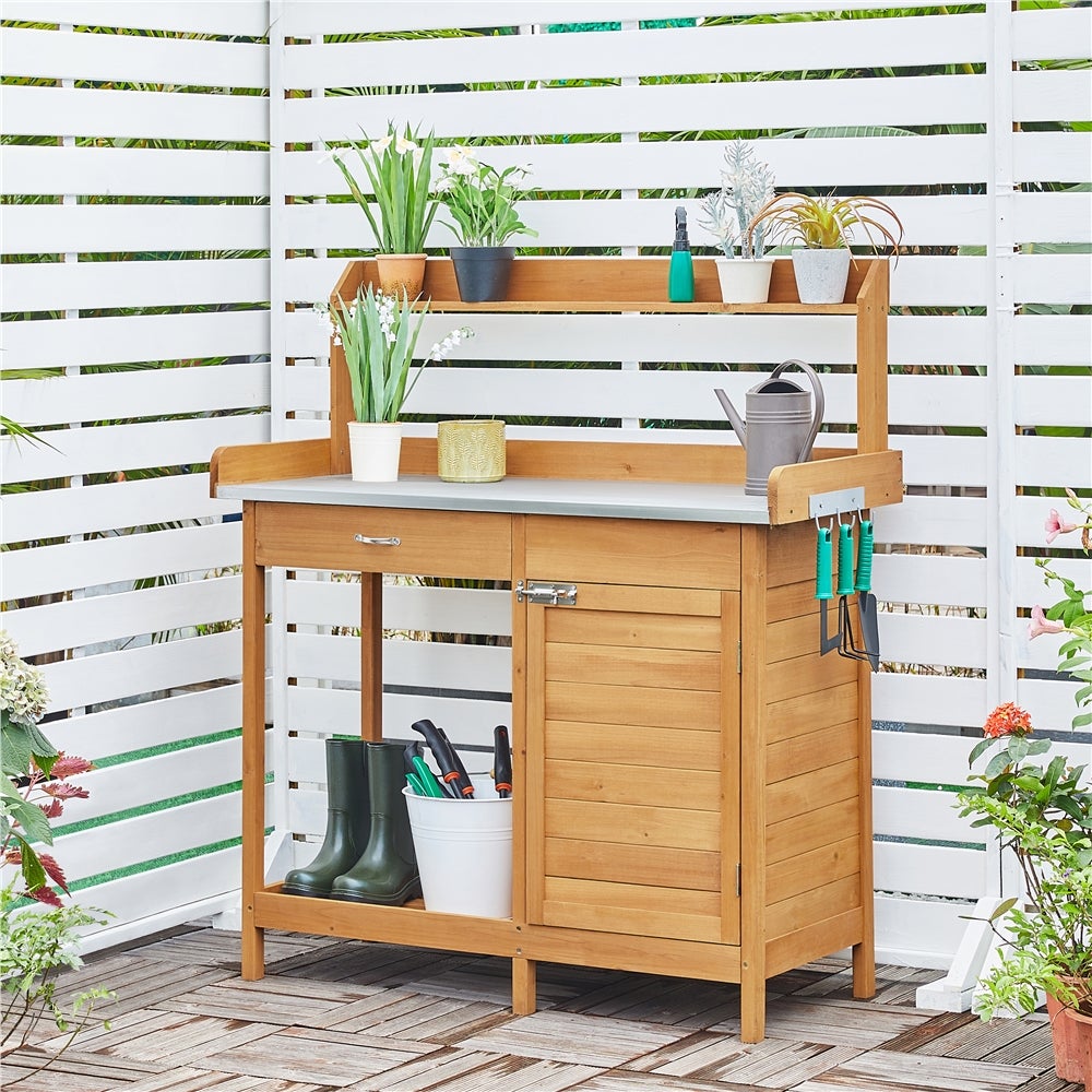 Table de Rempotage Extérieure en Bois avec Tiroir, Etagère de Rangement et Placard Inférieur, Couleur Bois Yaheetech - 3