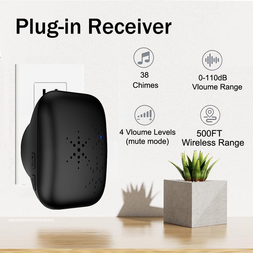 Campanello wireless per esterni - 1 ricevitore, 1 trasmettitore - Regolazione del volume a 4 livelli - 36 suonerie - Nero - 2