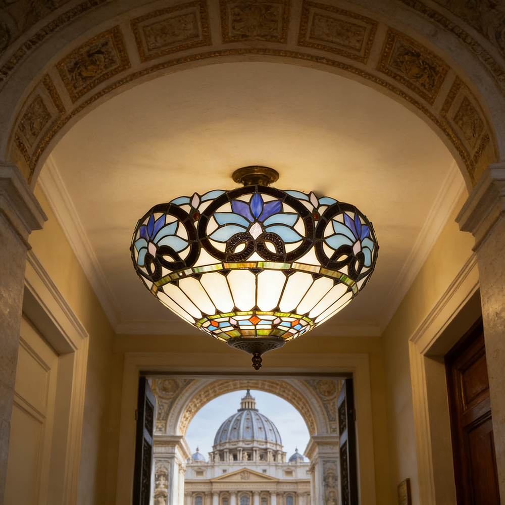 Plafonnier Tiffany, Lustre encastré, Suspension en verre, Éclairage d'entrée LED, Lampadaire LED rétro, φ40 cm (ampoule non incluse) - 6