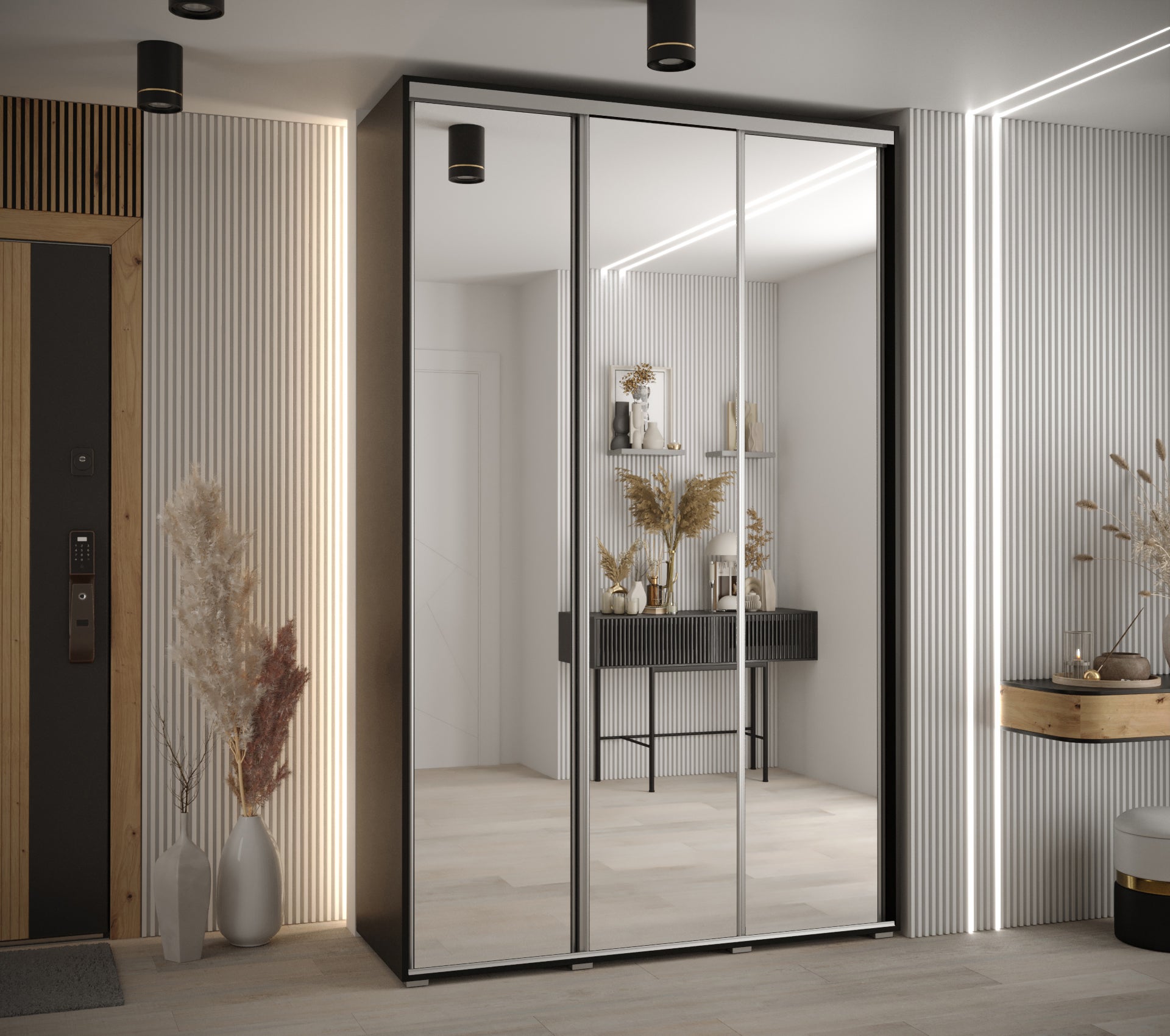 Szafa przesuwna z lustrem wysoka Davos 2 180 x 60 x 235,2 cm czarny + czarny + u. srebrny - Abiks Meble