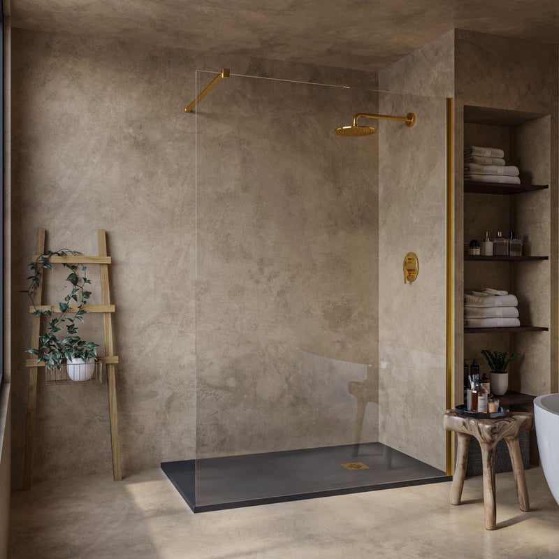 SOULHOME Brodzik prysznicowy– Żywica– Gel Coat– Gładka/Kamienna tekstura – Antypoślizgowy – antracytowy – 80X70- Niski 3 cm– Ruszt Złoty