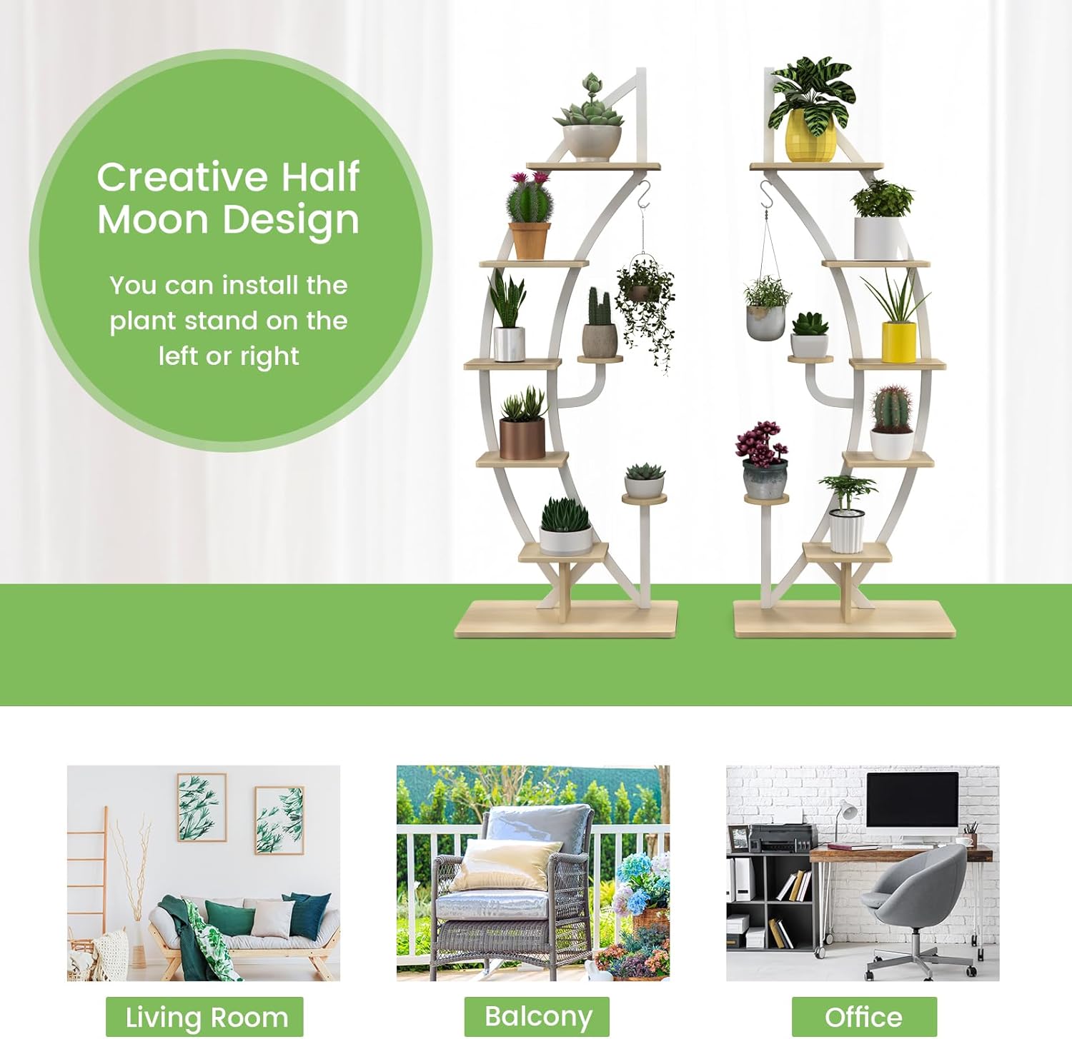Support pour Plantes en Métal 7 Niveaux, étagère à Fleurs en Forme de Demi-lune avec Crochet, 60 x 30 x 155 CM,Blanc - 5