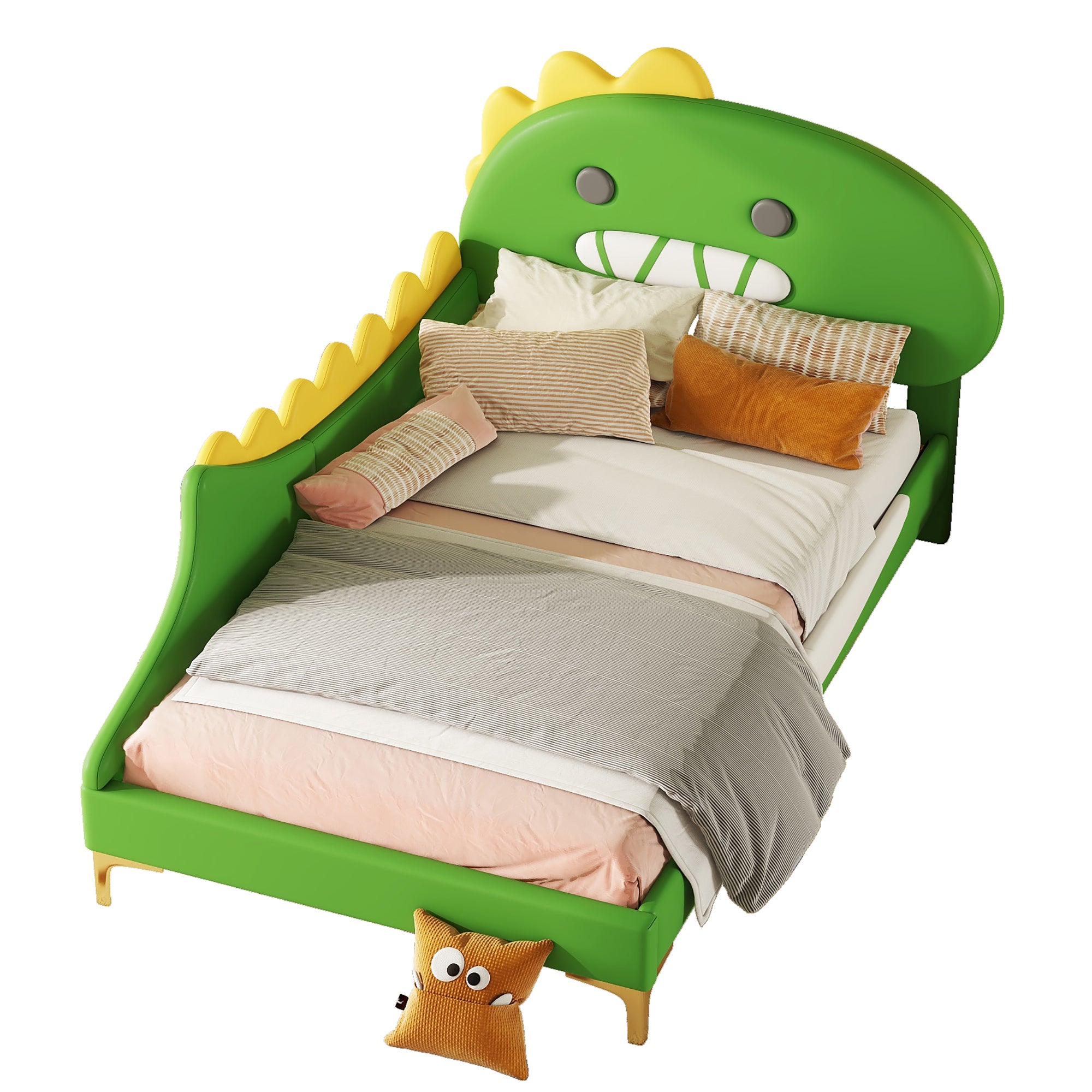 Zielone 90 * 200 cm płaskie łóżko dla dzieci, kształt dinozaura z kreskówek, materiał pu