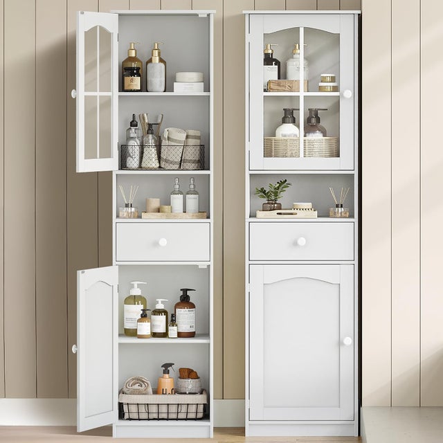 Mueble de baño, módulo de Toilette con Puertas de Cristal, Armario Alto de almacenaje con 2 Hojas y 1 cajón, Apto para Aseo, salón, Blanco