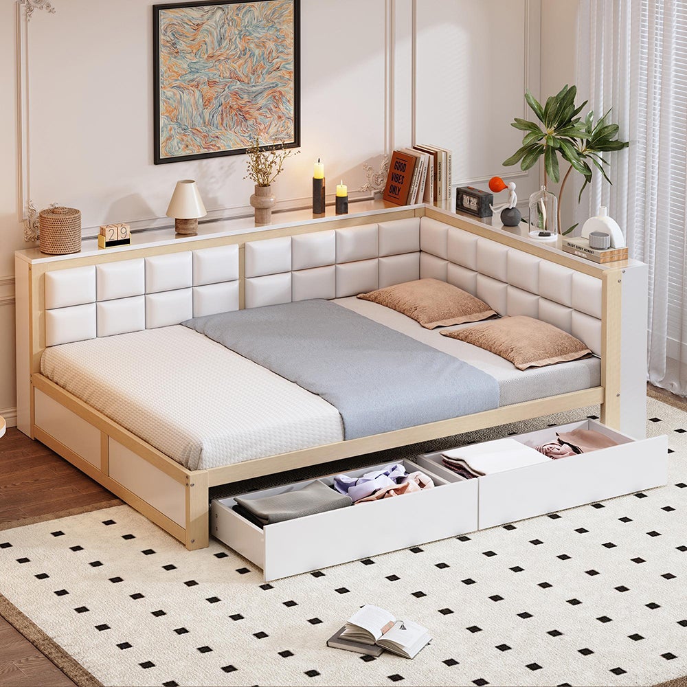 Rozkładana sofa o wymiarach 140 x 200 cm z miękkim oparciem i pojemnymi szufladami do przechowywania, kolor naturalny