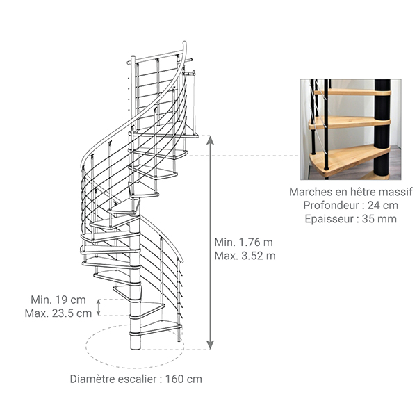 Escalier colimaçon 13 marches - Diamètre 160cm - Hauteur à franchir 2.54 à 3.05m - Structure grise et marche hêtre - VENE160/GH-13 - 2
