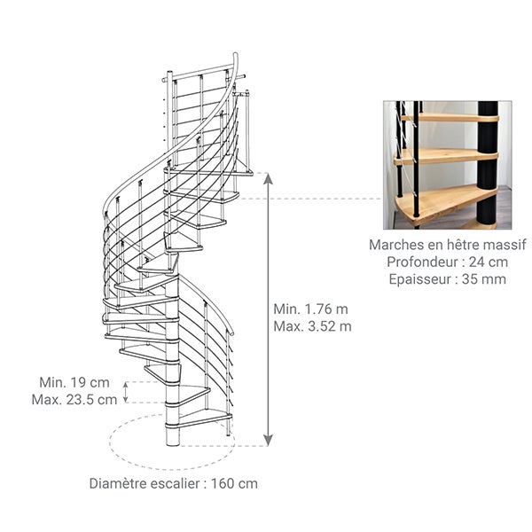 Escalier colimaçon 12 marches - Diamètre 160cm - Hauteur à franchir 2.34 à 2.82m - Structure noire et marche hêtre - VENE160/NH-12 - 2