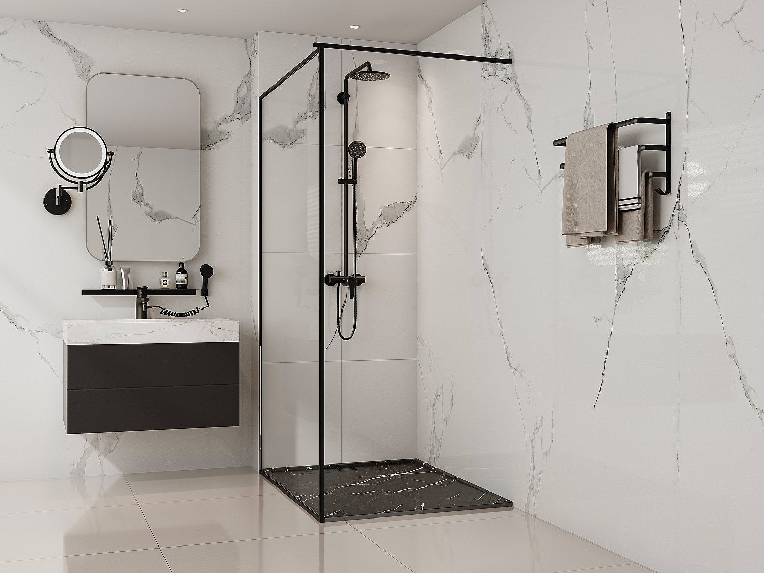 Brodzik płaski posadzkowy lub wpuszczany w posadzkę do przycięcia z żywicy SMC - Czarny z efektem marmuru - 120 x 90 cm - LYROSA