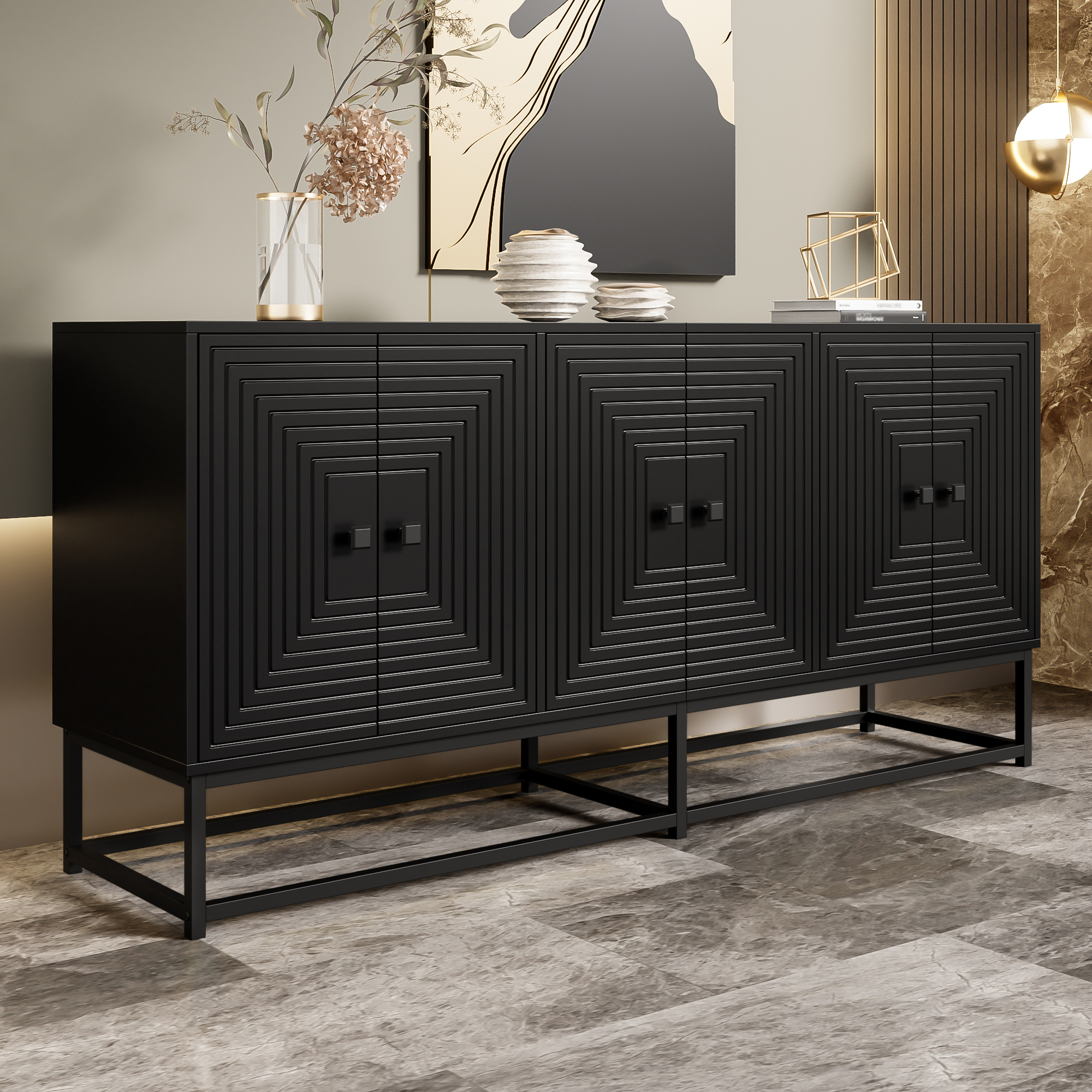 Nowoczesna komoda z 6 drzwiami - 160 x 38 x 75,5 cm - do salonu, jadalni - Płyta wiórowa - Kolor czarny