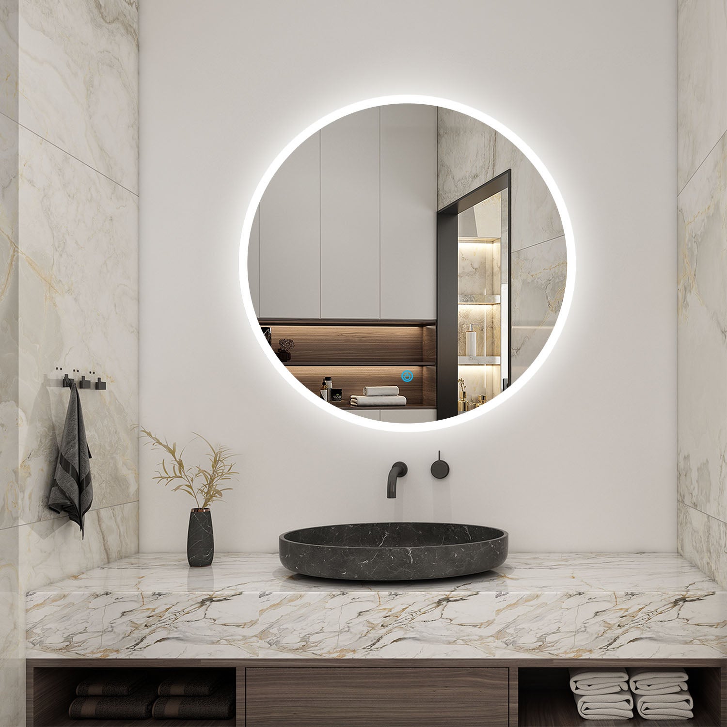 Miroir style parisienne, Miroir arrondi avec éclairage salle de bain, Miroir rond anti-buée étanche, Diamèter Φ: 80 cm - 2