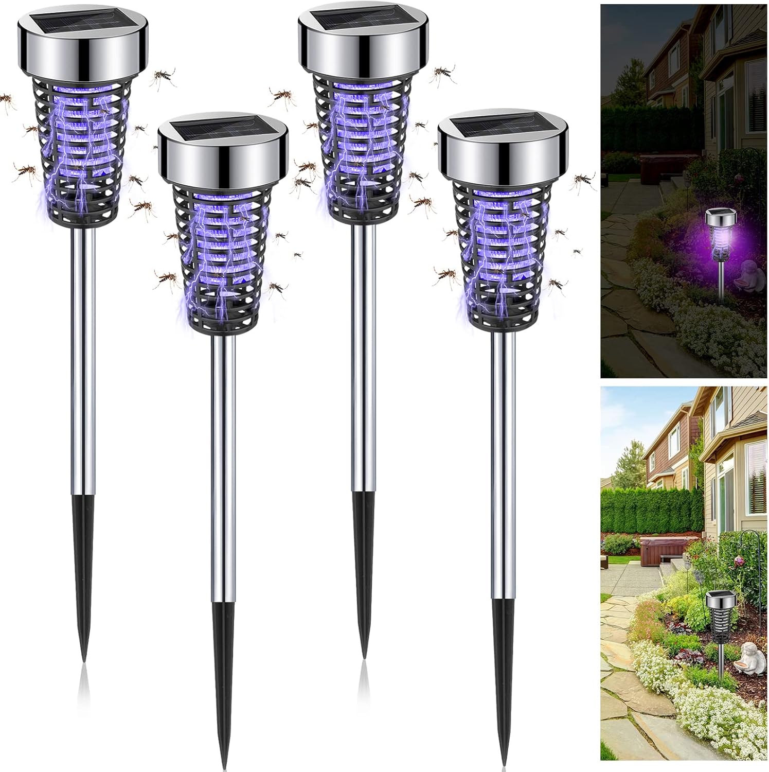 4X Solar LED Outdoor Mosquito Lamp - wodoodporna pułapka na muchy do ogrodu, na taras, na kemping - odstraszacz owadów - oświetlenie słoneczne