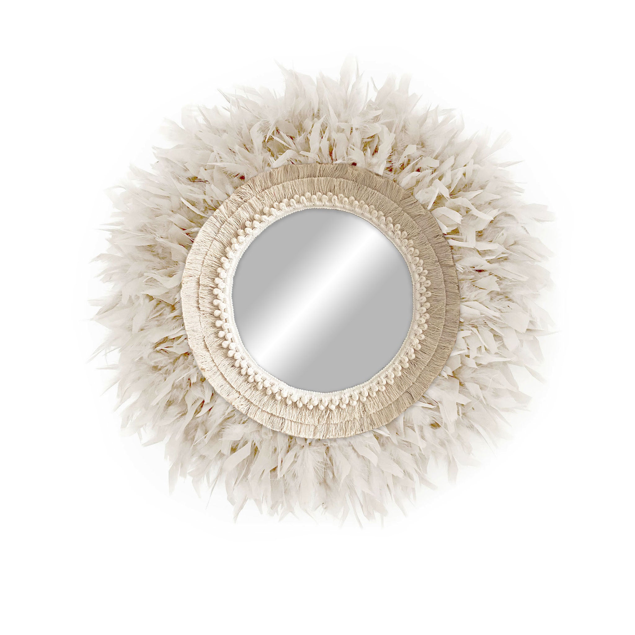 Espejo de pared redondo decorativo con plumas naturales - mirror boho beige 50cm