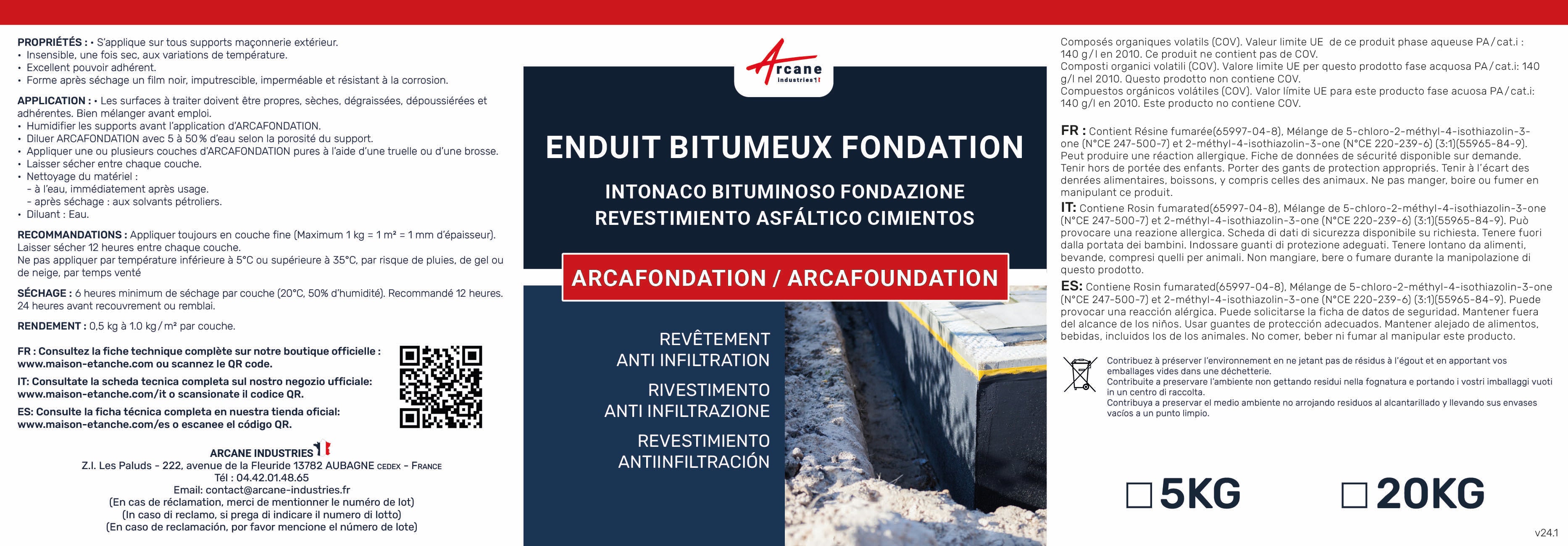 Enduit bitumineux pour Fondations Murs enterrés - ARCAFONDATION - 5 kg Noir - ARCANE INDUSTRIES - 7