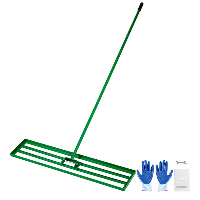 Rastrillo nivelador de césped SucceBuy 121,5x25,2 cm con mango de acero 198 cm, herramienta de jardín para césped, arena, tierra, abono y musgo