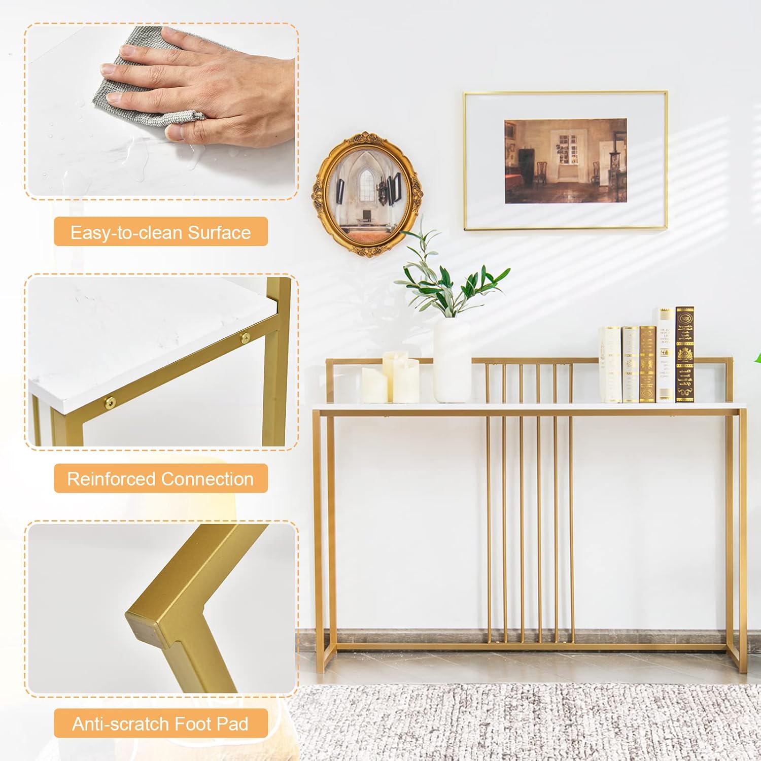 Consolas e mesas de sofá, com hastes reforçadas, armário para guardar objetos para sala de estar e entrada, 120x32,5x88 cm, branco e dourado - 7