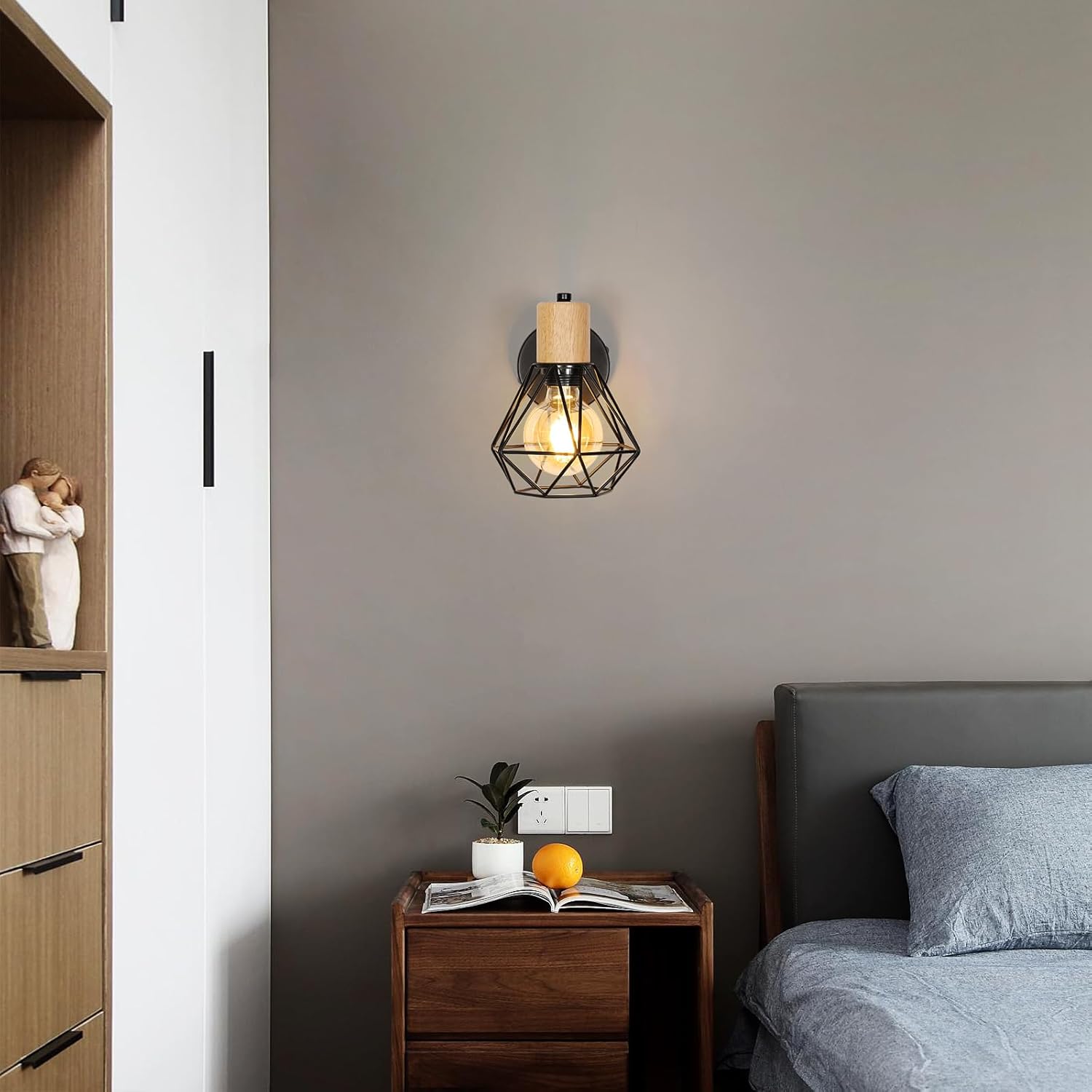 Kinkiet w stylu vintage industrialnym, obrotowa lampa ścienna z drewna, lampa klatkowa z czarnego żelaza do sypialni, przedpokoju, salonu. - 5