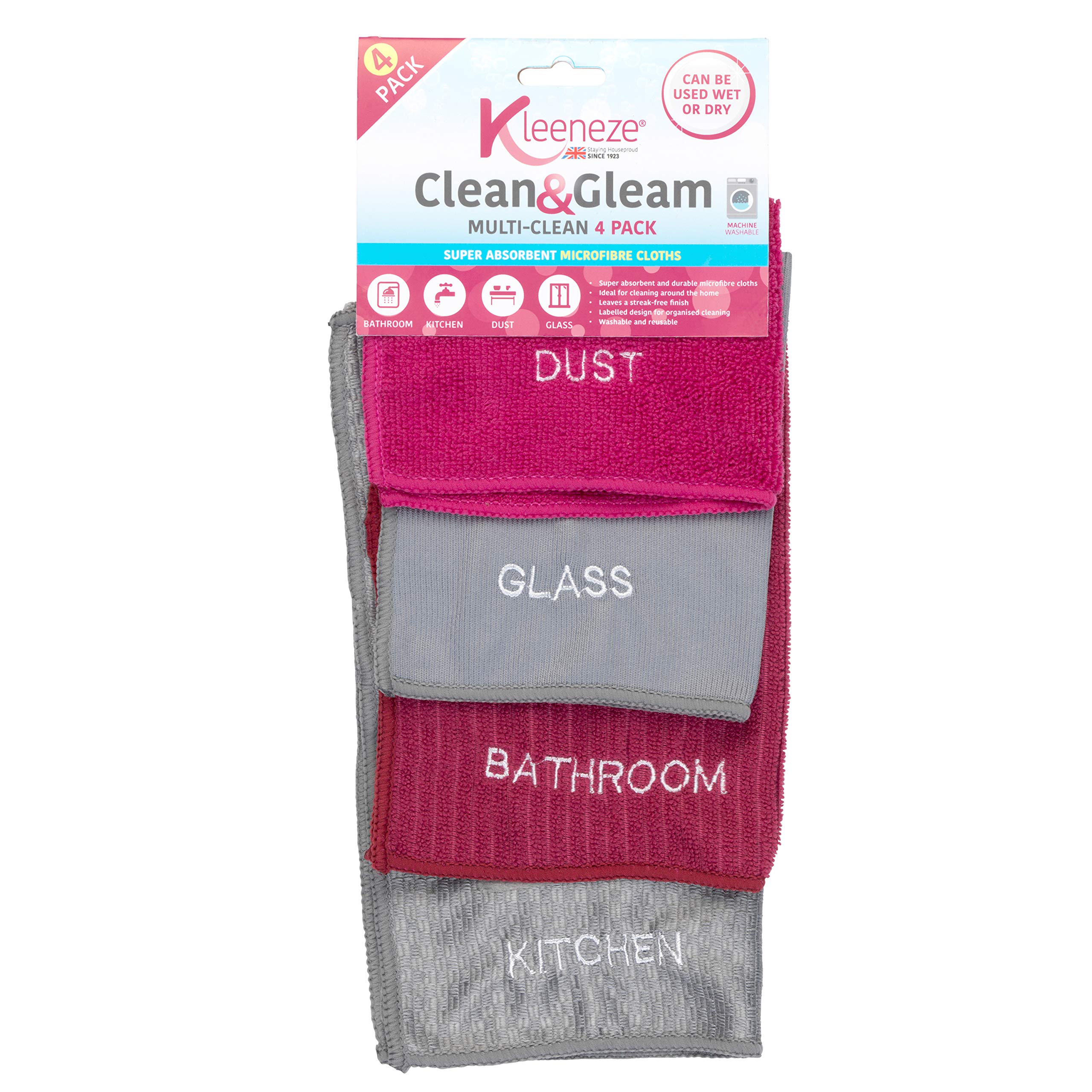 Kleeneze Panni In Microfibra Super Assorbenti - Confezione 4 Pezzi (Rosa E Grigio), 30x20 Cm