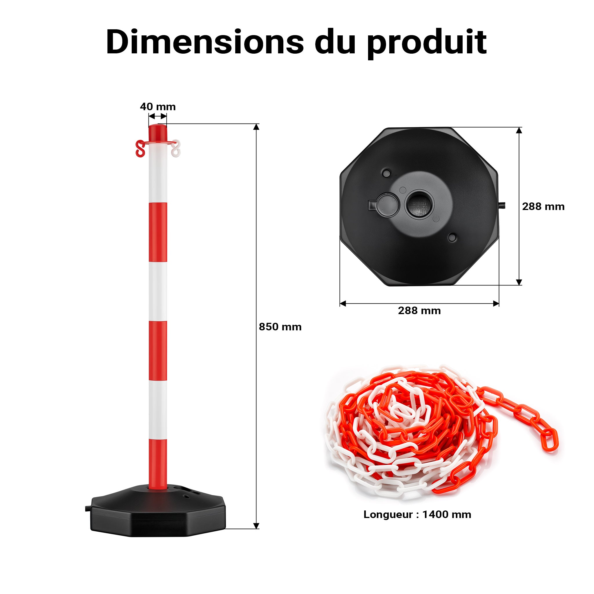 Wiltec 2x Poteau de balisage 1,2 kg 4 Chaînes de signalisation Crochets en S Rouge et blanc 80 x 28 x 28 cm PP+PEP Balisage de sécurité Lestage Eau... - 3