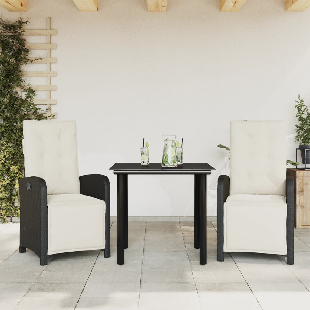 3-cz. zestaw mebli bistro z poduszkami, czarny, polirattan
