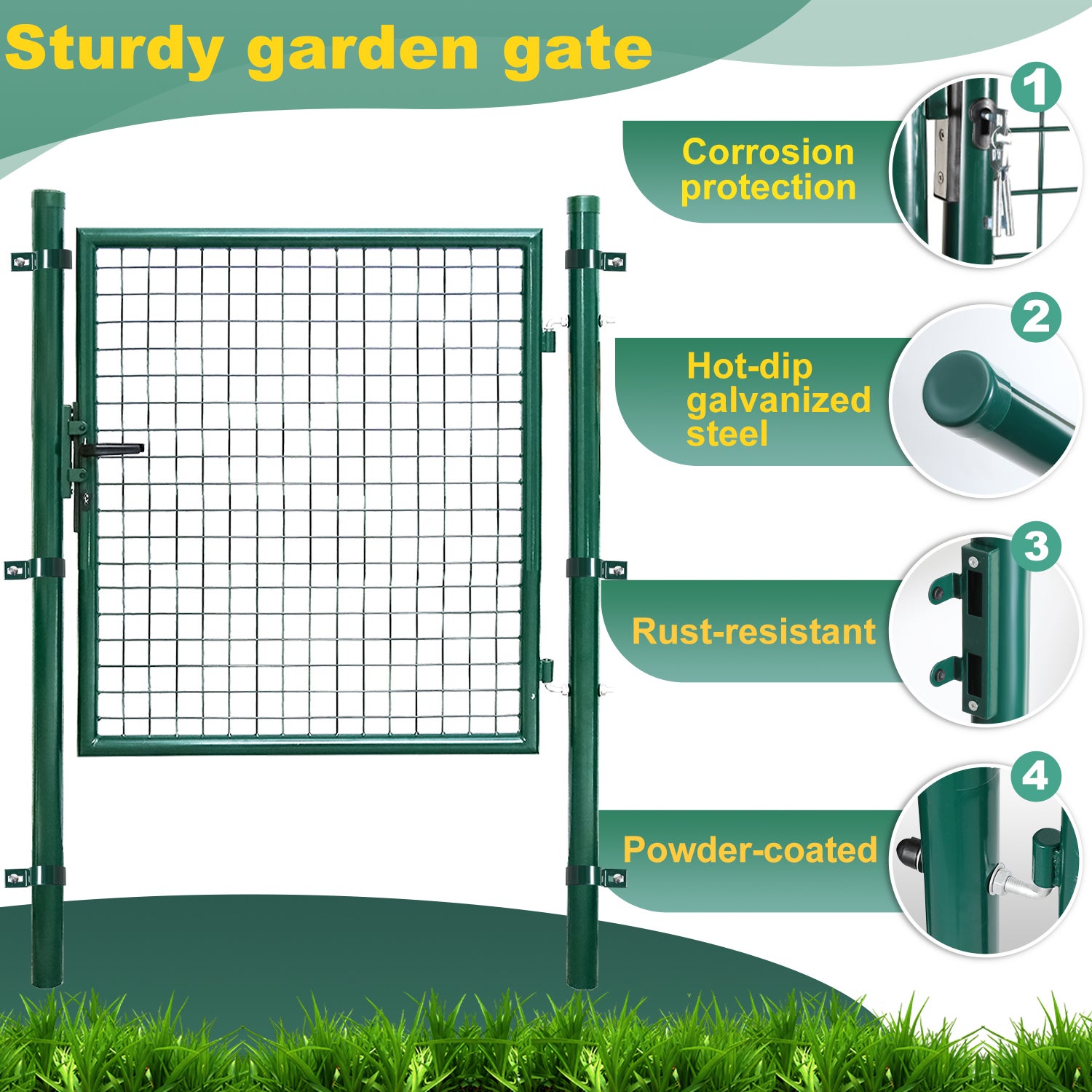 Portillon de jardin - En acier galvanisé - Portail de jardin - Porte de clôture - Avec serrure, poignée et clé 150 x 100cm, Vert - 5