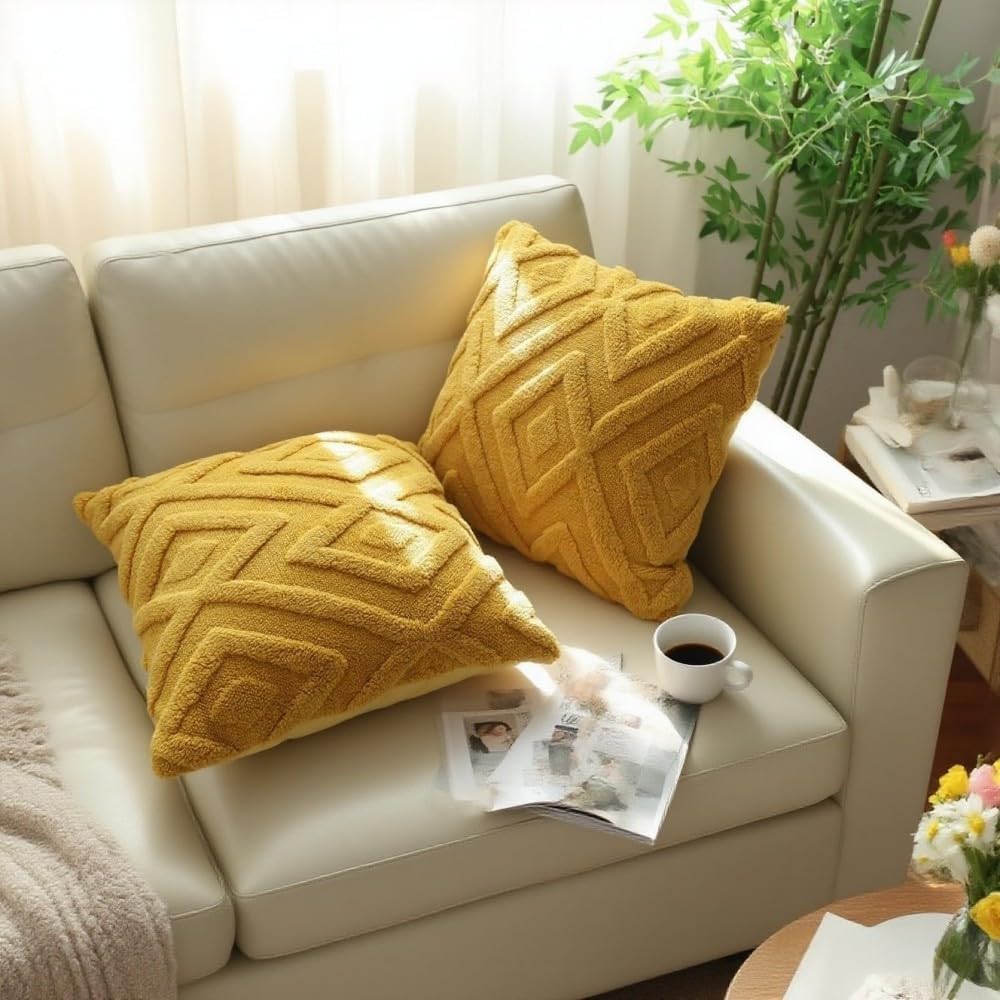 Housse de coussin jaune - motif à carreaux doux, style bohème - convient pour le salon, la chambre, etc. - Lot de 2, 50×50 cm - 3