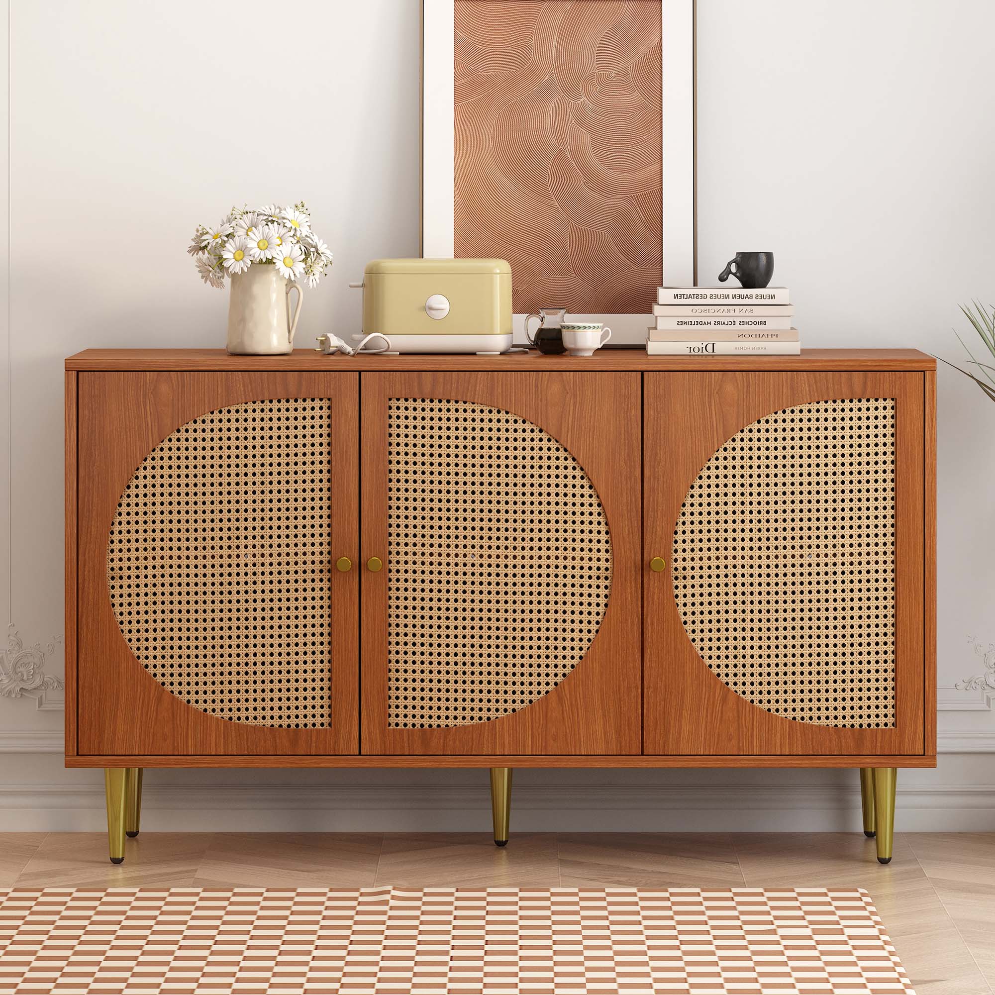 Komoda z 3 rattanowymi drzwiczkami, metalowymi nogami i regulowanymi półkami - szafka do przechowywania w salonie (129,8x40x76 cm)