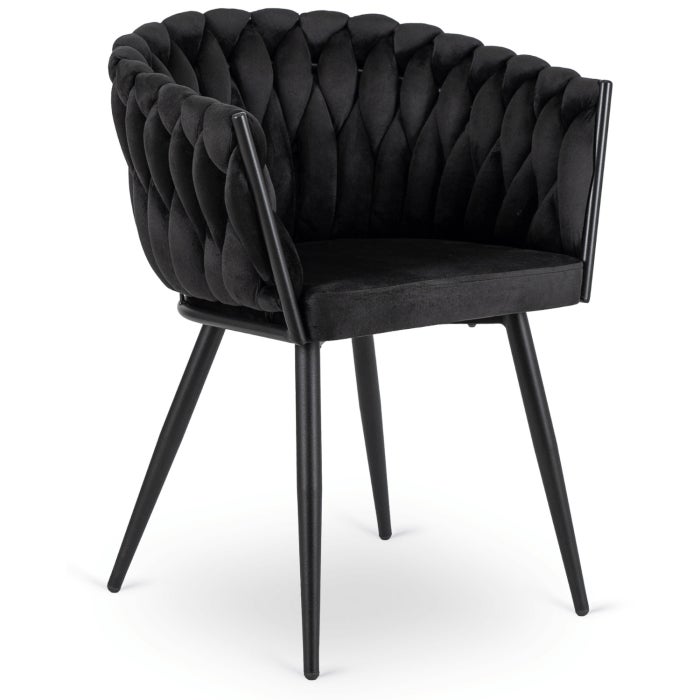 Krzesło Tapicerowane Welur ELENA Plecione Czarne Do Jadalni