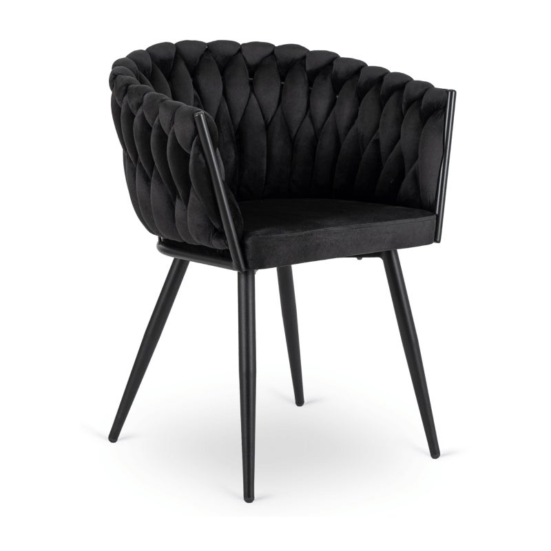 Krzesło Tapicerowane Welur ELENA Plecione Czarne Do Jadalni
