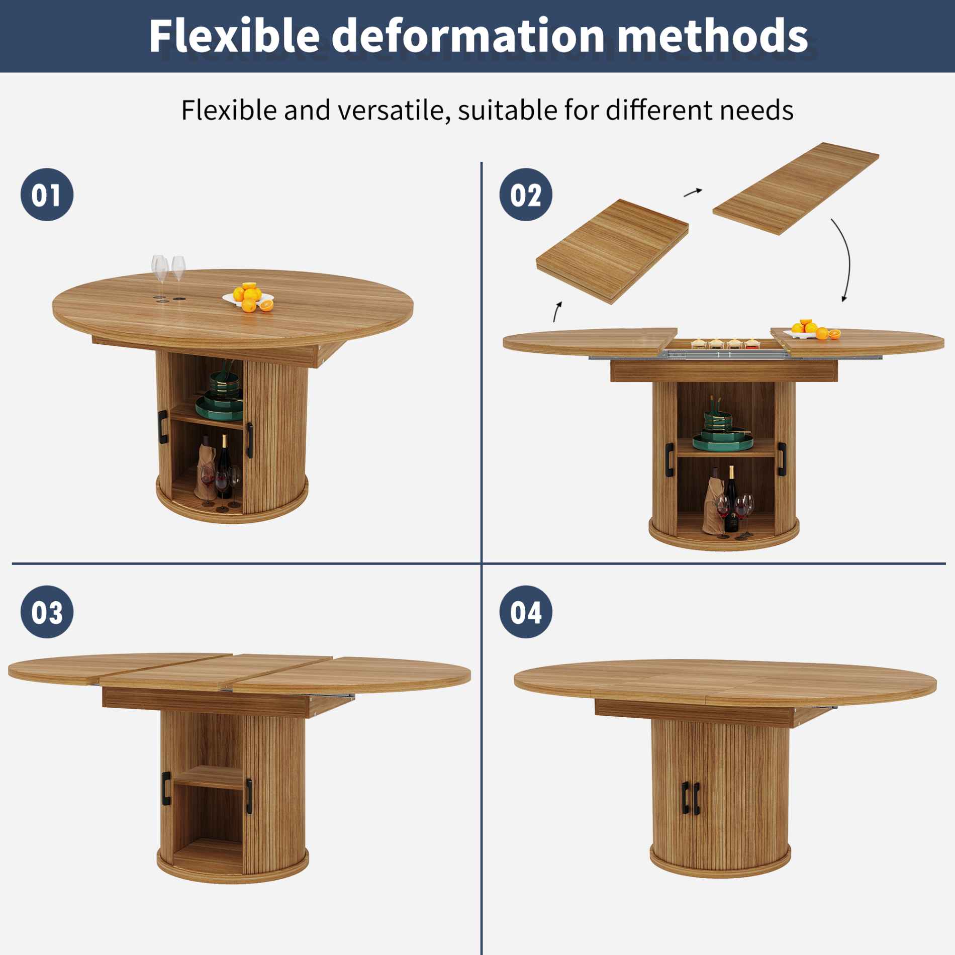 Table à Manger Extensible avec Plateau Ronde, de 118 à 158 cm, 6 Personnes, avec Rangements et Design Vintage - 5