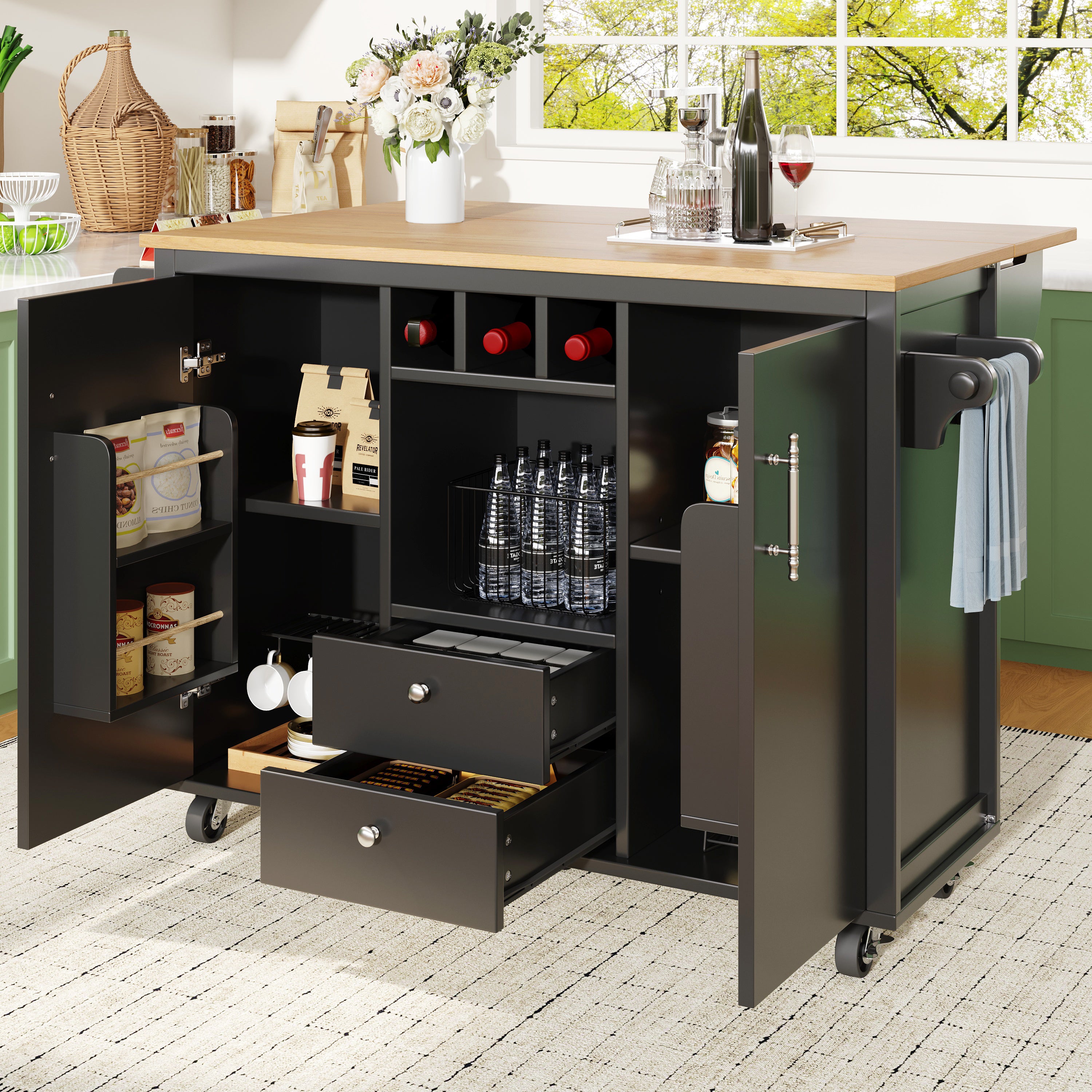 Mueble isla de cocina buffet 120x73(45)x92cm, carro con encimera abatible, toallero, especiero y botellero, blanco/negro.