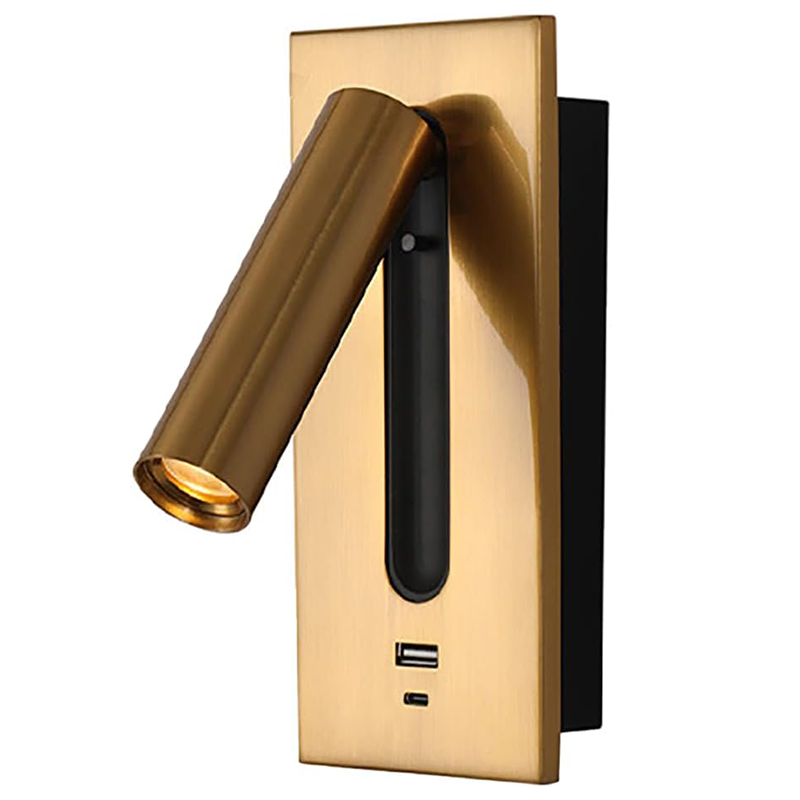 Montowana na ścianie lampka nocna LED do czytania, wyposażona w port szybkiego ładowania USB, obrotową głowicę lampy i uchwyt do montażu na ścianie.