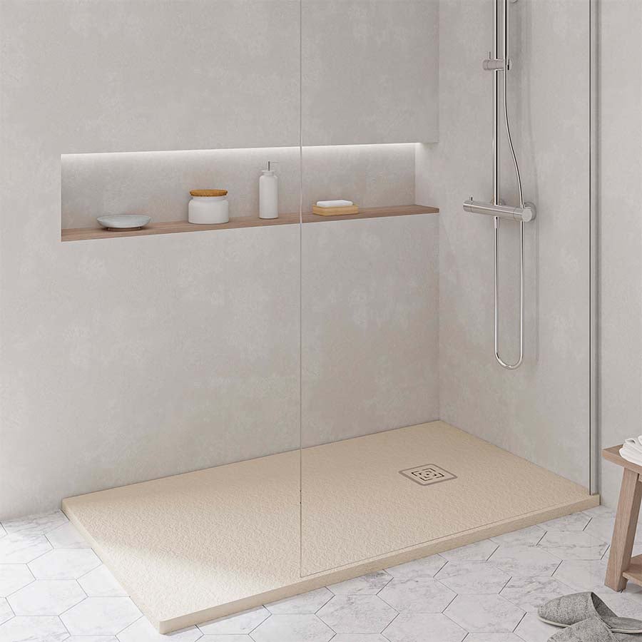 KOES VOIGA Kunstharz-Duschwanne 80x100cm - Creme RAL 1013 Mit Schiefer-Optik