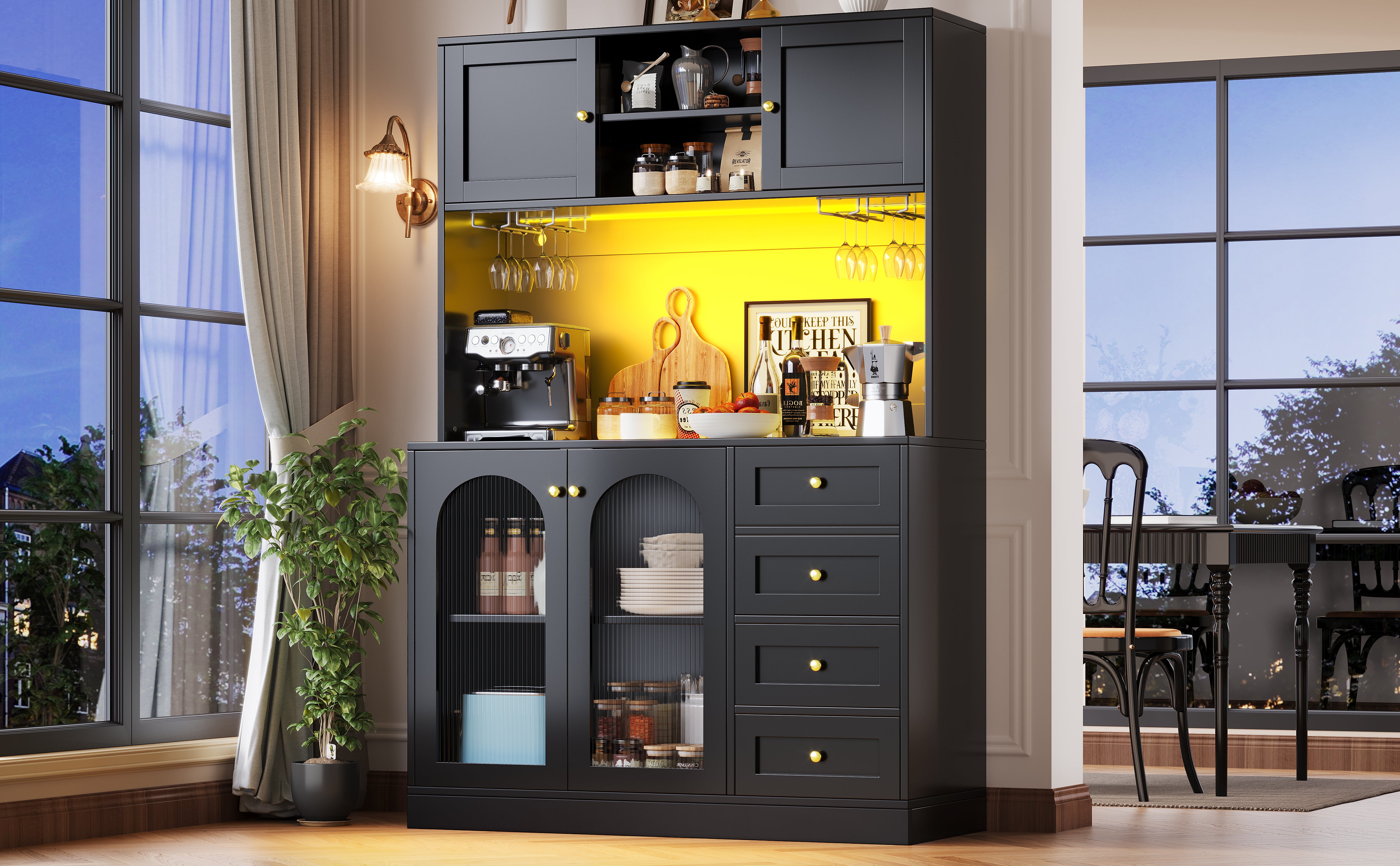 Buffet de cuisine haut avec 4 portes, 3 tiroirs et porte-gobelets - 120 x 40 x 188 cm - MDF - LEDs - Noir - 6