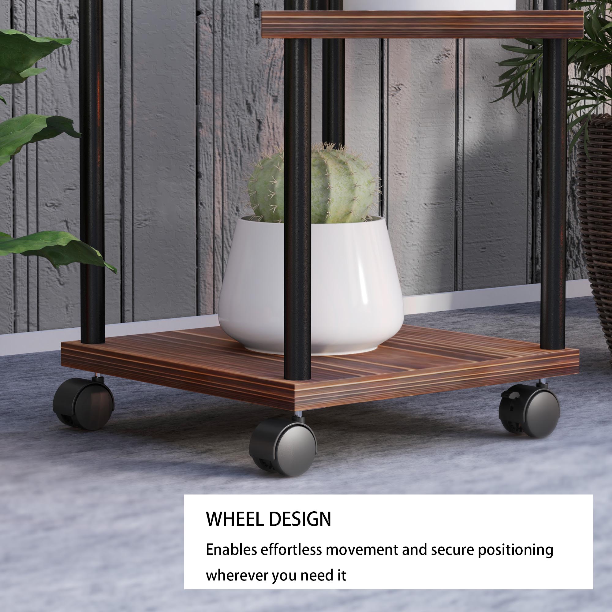 Étagère plantes 5 niveaux avec roulettes, support fleurs intérieur extérieur en acier et bois 110cm - 5