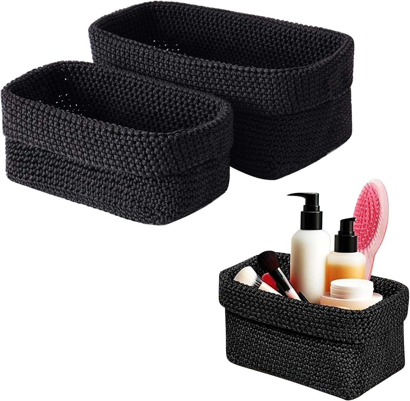 Zestaw 2 bawełnianych koszy do przechowywania – pleciony kosz – organizer na kosmetyki – kosz do przechowywania w kuchni – 21 x 12 x 15,5 cm – czarny