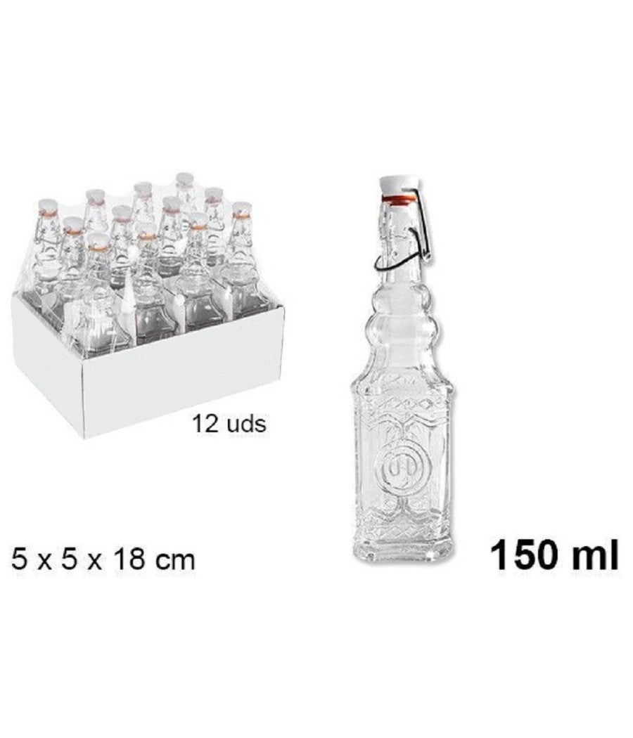 Trade Shop - Set 12 Pz Bottiglie In Vetro Quadrata Decorata Con Tappo Meccanico 150 Ml 108008 - - 2