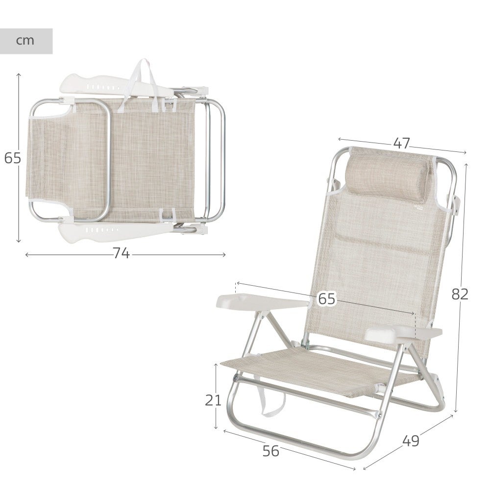 Aktive Pack de 2 sillas de playa plegables y reclinables 7 posiciones beige c/cojín - 4