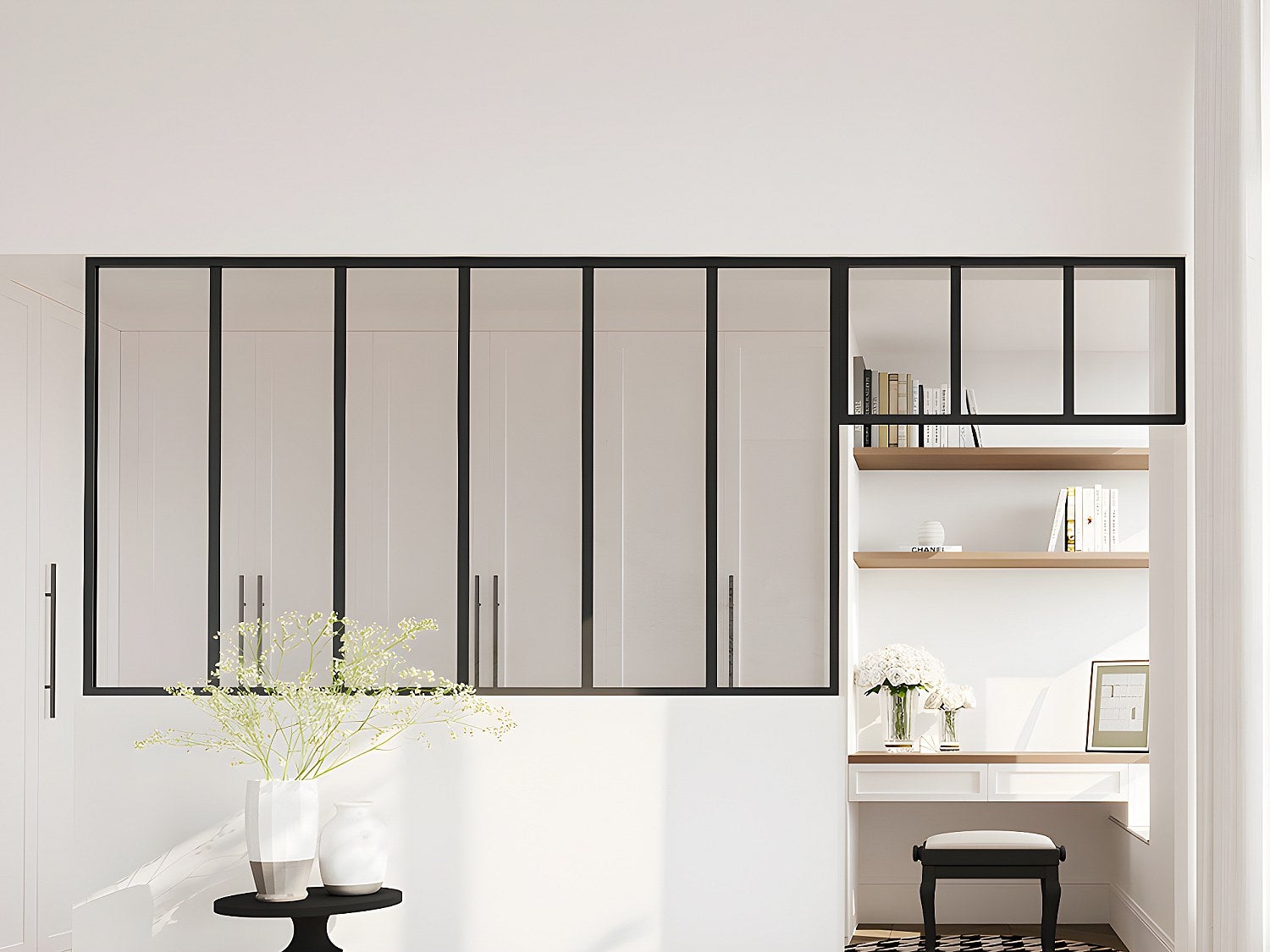 Cristalera estilo taller con travesaño de aluminio termolacado - ancho 180 x alt. 105 + ancho 83 x alt. 40 cm - negro - bayview