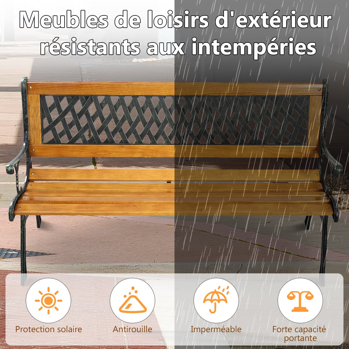Banc de Jardin Mobilier Extérieur 125 cm en Fonte Siège à Lattes Cadre en Bois Dossier en Plastique Capacité de Charge 210KG - 5