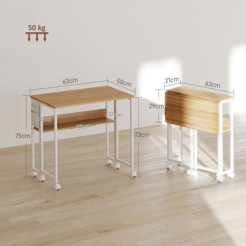 Bureau pliant compact avec roulettes, table d’ordinateur pratique avec étagère et rangement, meuble gain de place pour home office - 3