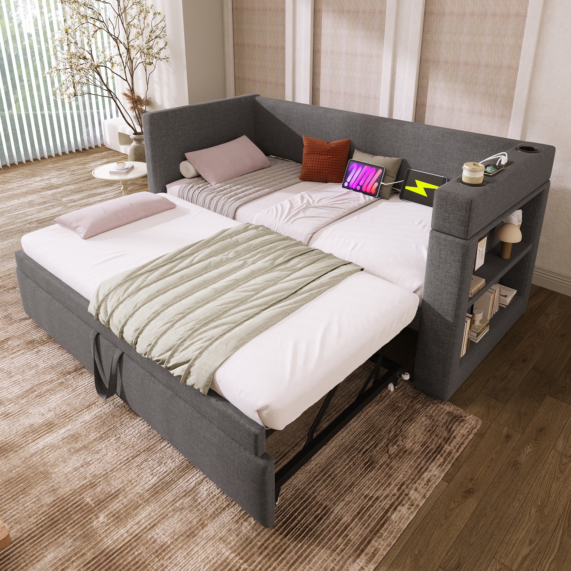 Tapicerka leżanka 90x190 cm - z łóżkiem wysuwanym 90x190 cm - z USB i Type-C - z uchwytem na kubek - Szara (bez materaca)