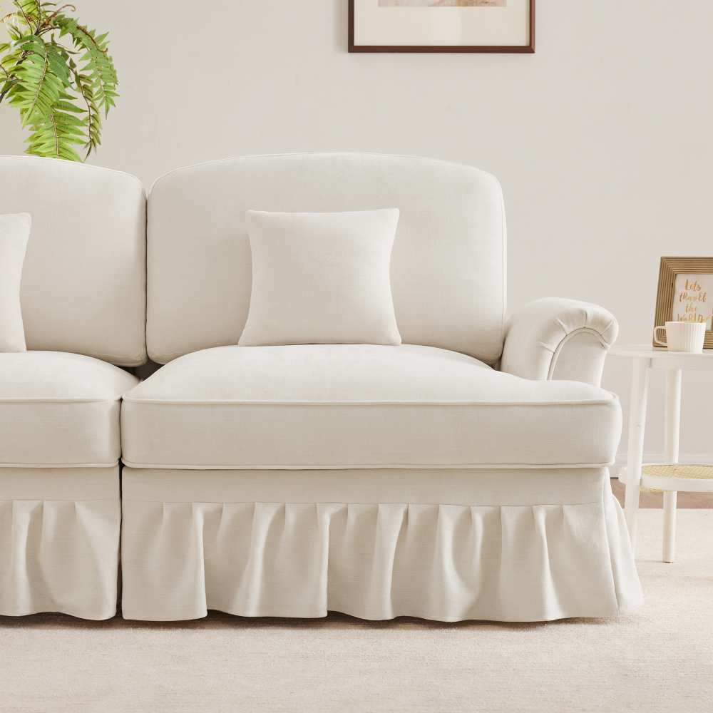 Divano modulare U 4 posti in chenille morbida con gonna removibile, braccioli a trombetta, gambe a spillo e pouf mobile –divano trasformabile 2 design - 6