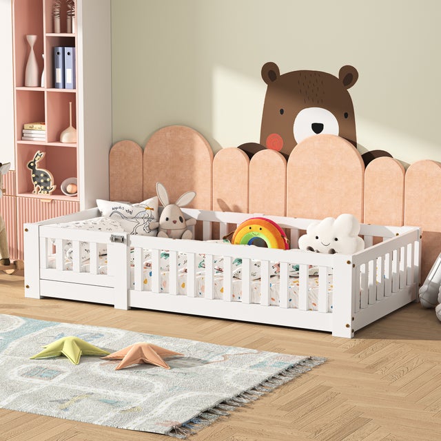 Cama de suelo, medidas 90x190 cm, pino macizo, barreras de seguridad, somier con láminas de soporte, sin colchón, Blanca, líneas minimalistas