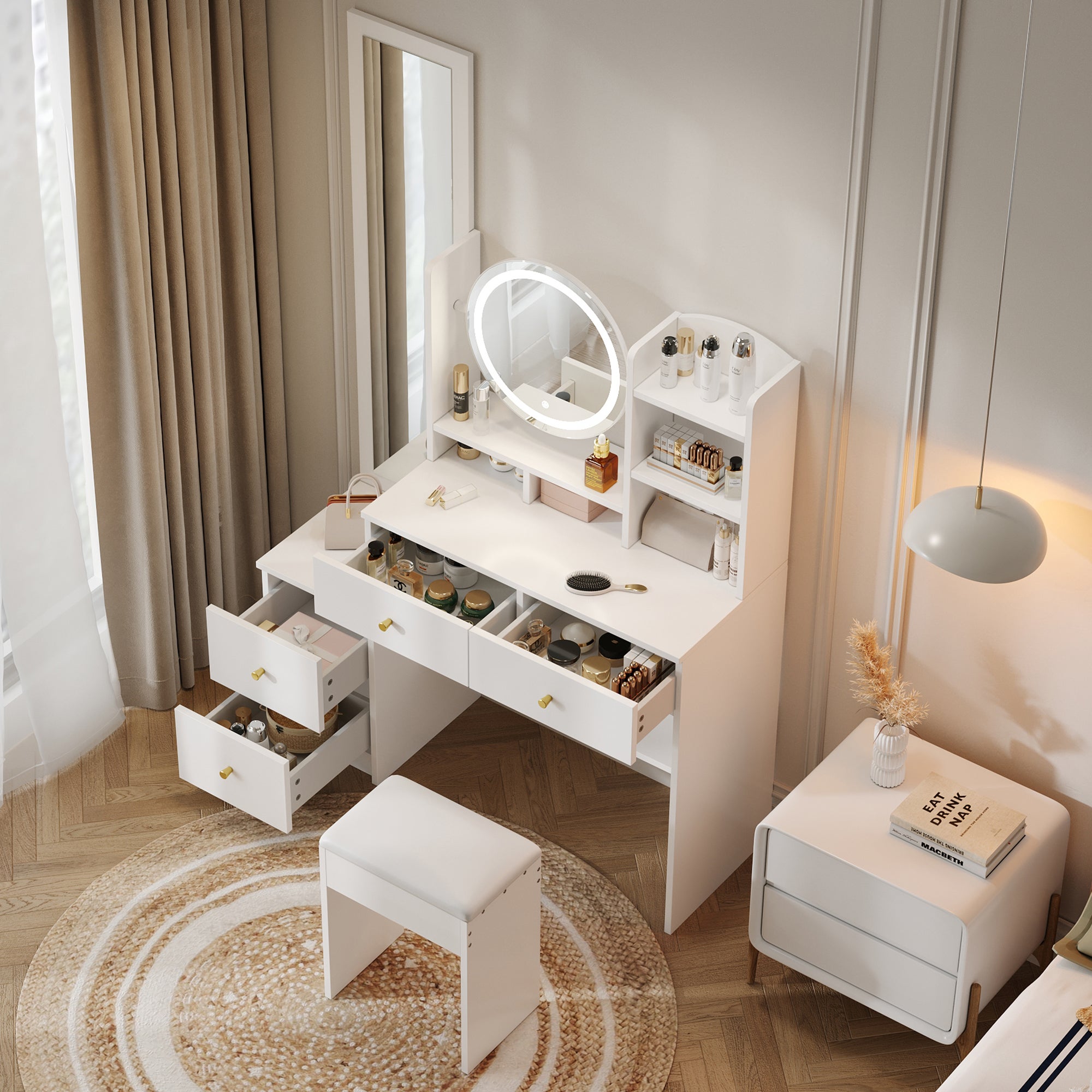 Toletta con specchio LED a 3 colori, sgabello, 4 cassetti, specchio a figura intera + 2 ripiani - 109 x 36 x 164 cm - Pannello truciolare - Bianco - 2