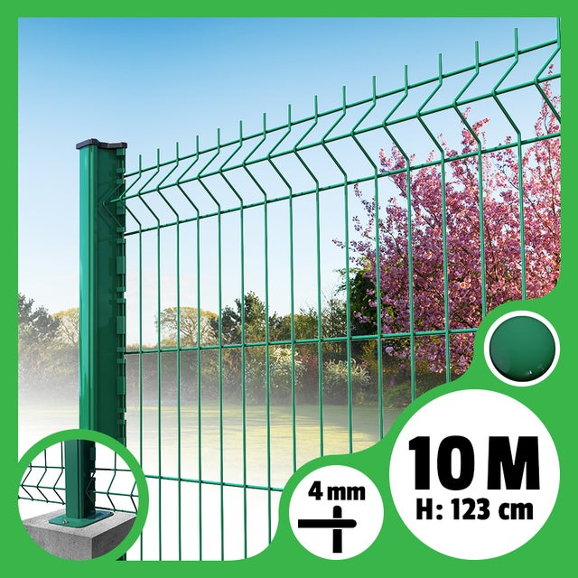 Kit grillage rigide poteaux H - longueur 10 mètres - 123 cm, Vert, A visser sur platines
