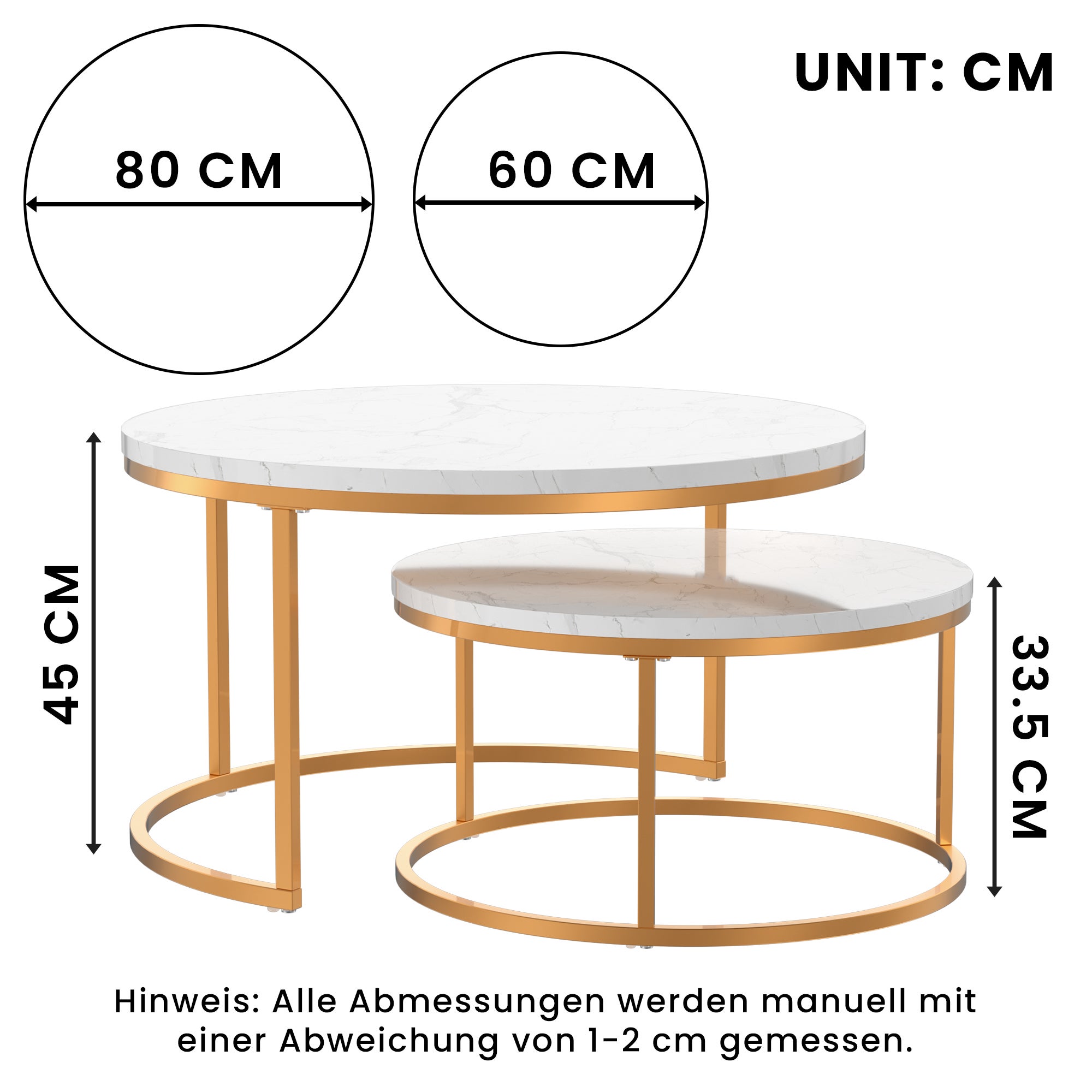 Lot de 2 Tables Basses Gigognes en MDF, Table d'Appoint pour Salon, Doré - 4